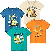 Poroka 4 Pack Toddler Boys Short Sleeve T-Shirts Crewneck Tee Shirts Cotton Cartoon Graphic Tops Tees Excavator Dinos Animal
