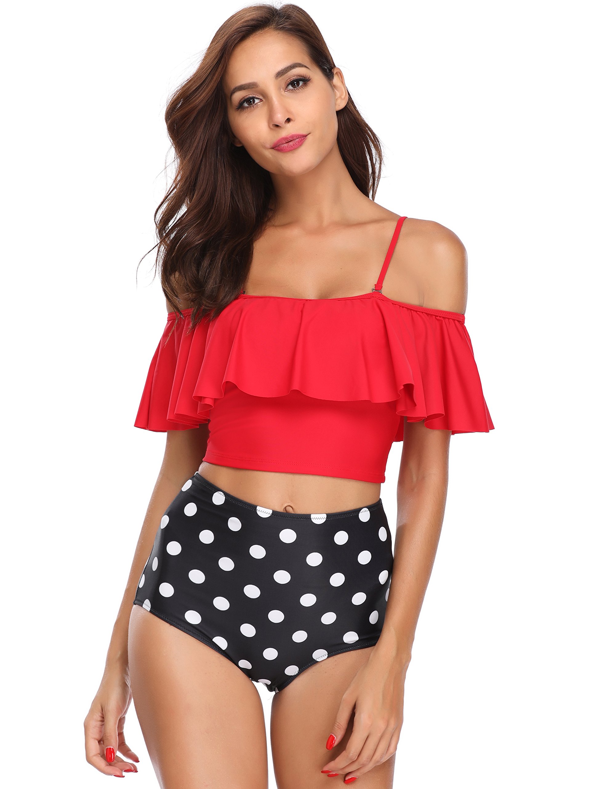 MarinaVida Women Off Shoulder Ruffle Swimsuit Crop Top Two Piece Bathing Suit