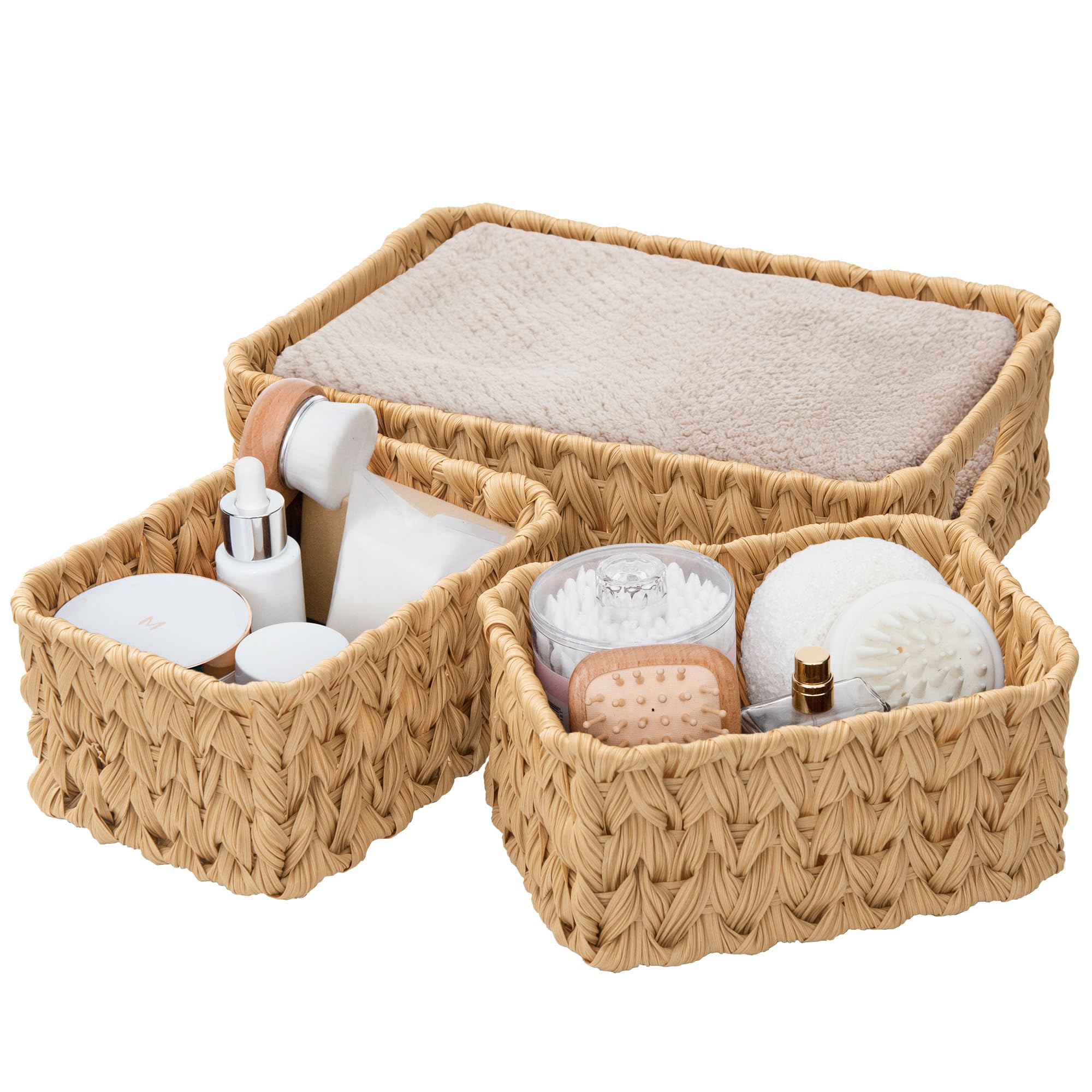 GRANNY SAYS Wicker Storage Baskets, Pack of 3 Wicker Baskets for Shelves, 1 Large Woven Storage Basket and 2 Small Decorative Boxes, Bathroom Counter Organisers, Toilet Basket for Tank Topper, Yellow