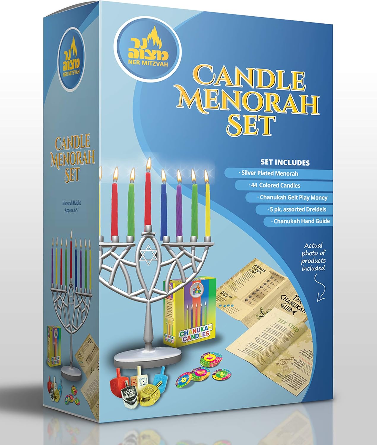 Ner Mitzvah Menorahs for Chanukah - Complete Set Hanukkah Menorah - Menorah, Hanukkah Candles, Dreidels, Play Coins, Guide: Home & Kitchen