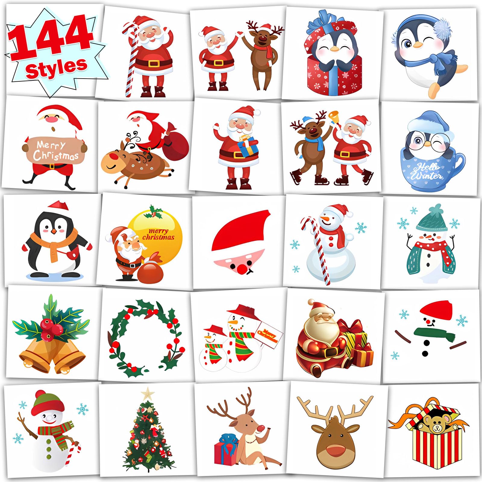 Christmas Temporary Tattoos for Kids Stocking Stuffers, 144 pcs Christmas Decorations Tattoos Stickers for Boys and Girls, Xmas Tattoos for Christmas Party Favor Xmas Gift Bags Stuffers
