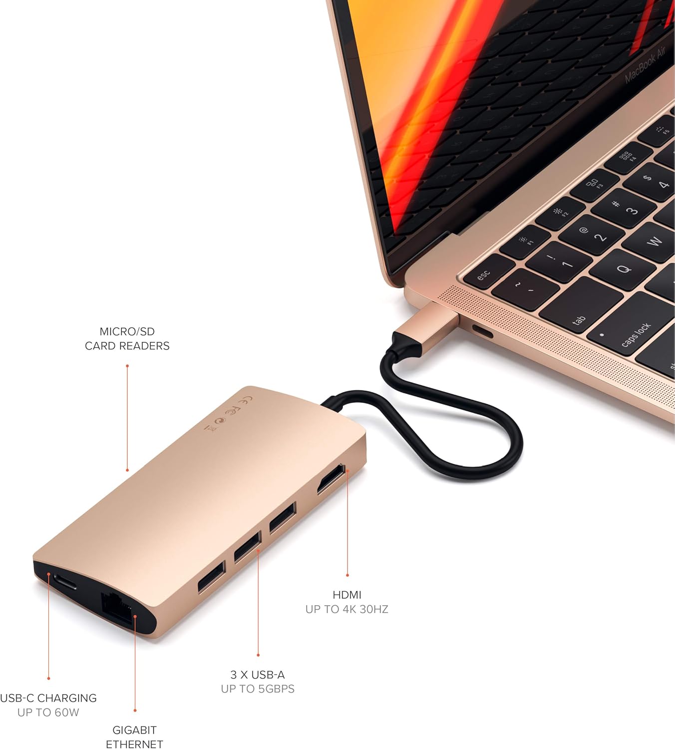 Satechi Aluminum Multi-Port Adapter V2-4K HDMI (30Hz), Gigabit Ethernet, USB-C Pass-Through, SD/Micro Card Readers, USB 3.0 - Compatible with 2020 MacBook Pro, 2020/2018 MacBook Air (Gold): Electronics
