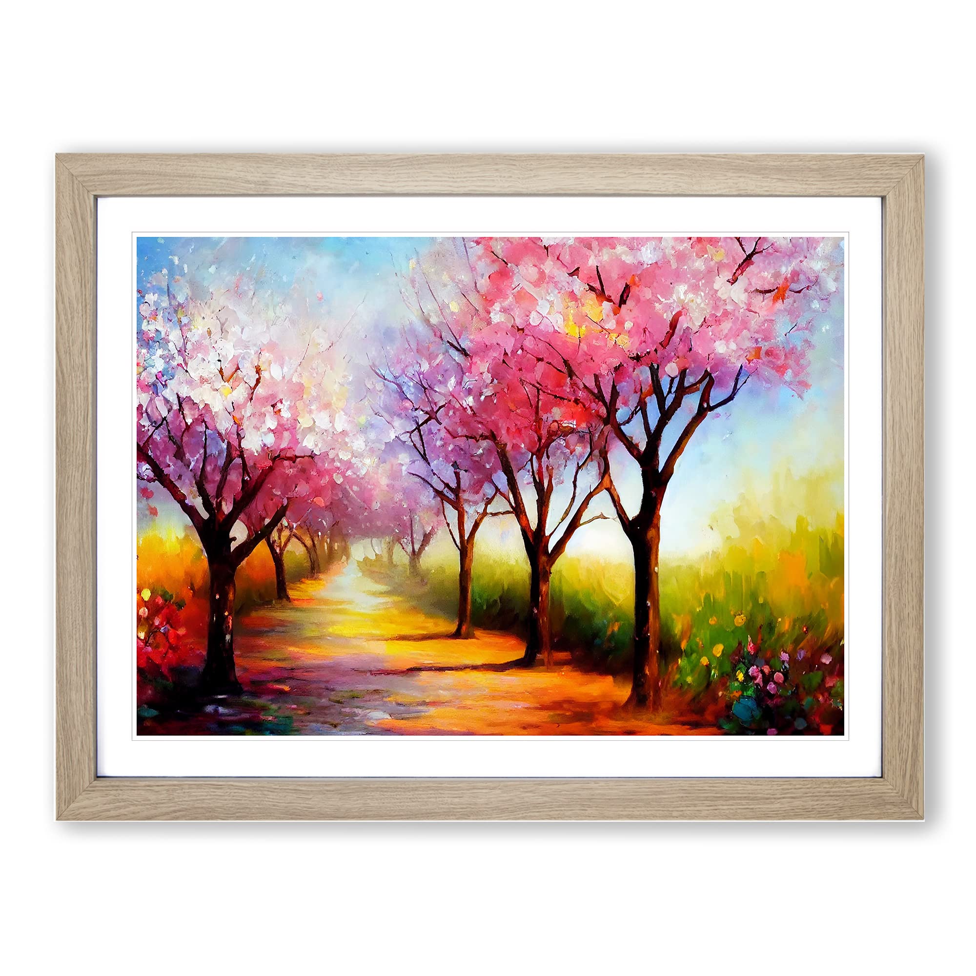 Cherry Blossom Tree Park Vol.7 Framed Print | A3 Oak Framed Wall Art | Ready to Hang | Modern Floral Picture | Living Room Bedroom Lounge Office