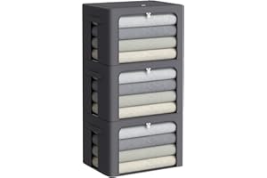 CYHOM 3Pack Stackable Clothes Storage Bins - Oxford Frame Storage Box Foldable Clothing Storage Container Organizer Set with Clear Window & Carry Handles Large Capacity (Dark Gray, Large-66L)