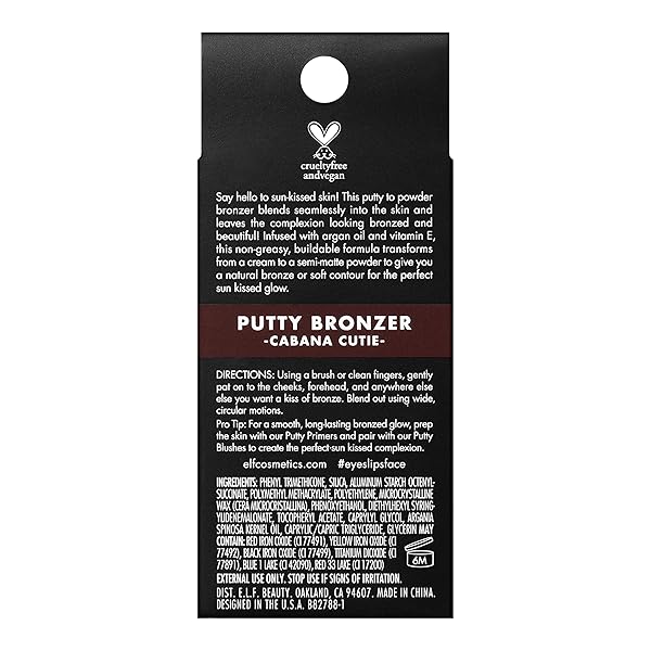 E.L.F. PUTTY BRONZER, CREAMY & HIGHLY PIGMENTED FORMULA, CREATES A LONG-LASTING BRONZED GLOW, INFUSED WITH ARGAN OIL & VITAMIN E, CABANA CUTIE, 0.35 OZ (10G)
