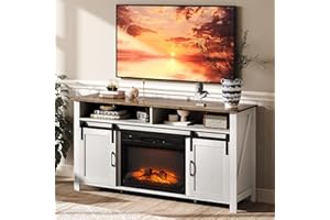 VINGLI Fireplace TV Stand with Sliding Barn Door for 70 Inch TV, Farmhouse Entertainment Center ＆ 23" Fireplace, Media Console Table with Storage Cabinets for Living Room, Distressed White & Barnwood