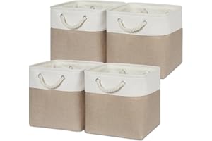 Temary Cube Storage Bins 11 x 11 Fabric Storage Baskets 4 Pack Storage Cubes Baskets for Gift Empty, Cube Organizer Bins Cloth Basket for Storage (White&Khaki)
