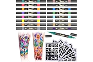 Suu66 Temporary Tattoo Markers Kit, Dual-End 16 Colors with 80 Stencils for Body Art | Skin-Safe, Washable, Cosmetic-Grade | for Kids & Adults