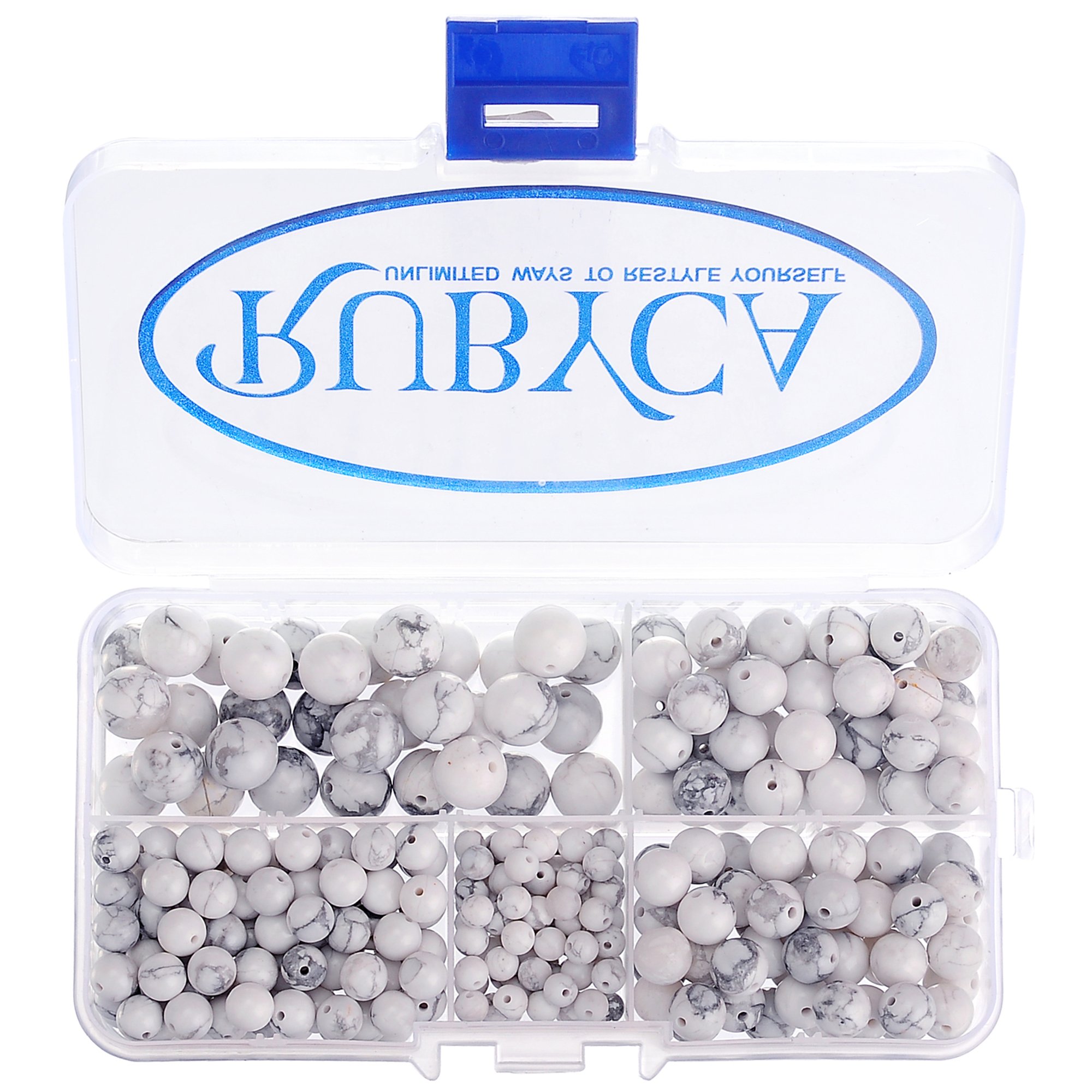 RUBYCA Natural Howlite Gemstone Round Loose Bead Organizer Plastic Box Jewelry Making Mix Sizes