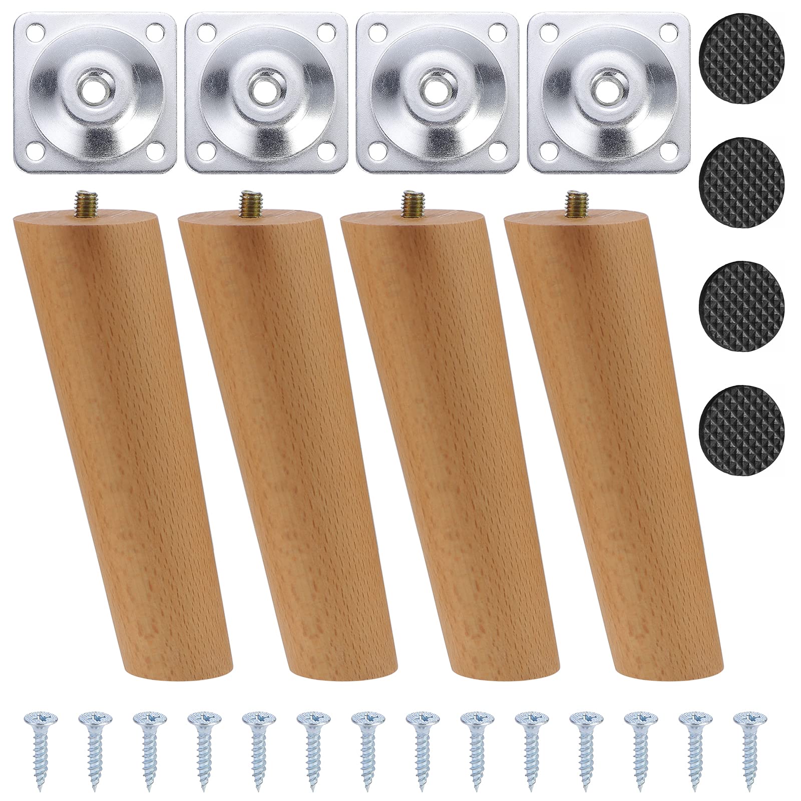 4 PSC Wooden Tapered Furniture Legs, 15cm Solid Tapered Wood Sofa Legs, Replacement Furniture Feet with Mounting Plate, Screws and Anti-Slip Mats for Couch Sofa Cabinet Ottoman