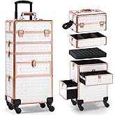 GALHUBIS Makeup Train Case with Drawer, Rolling Makeup Case, Cosmetology Case on Wheels, Gift, Large Makeup Case Organizers, Professional for Salon Barber, Nail, Tattoo, White Gold