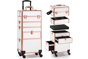GALHUBIS Makeup Train Case with Drawer, Rolling Makeup Case, Cosmetology Case on Wheels, Gift, Large Makeup Case Organizers, Professional for Salon Barber, Nail, Tattoo, White Gold