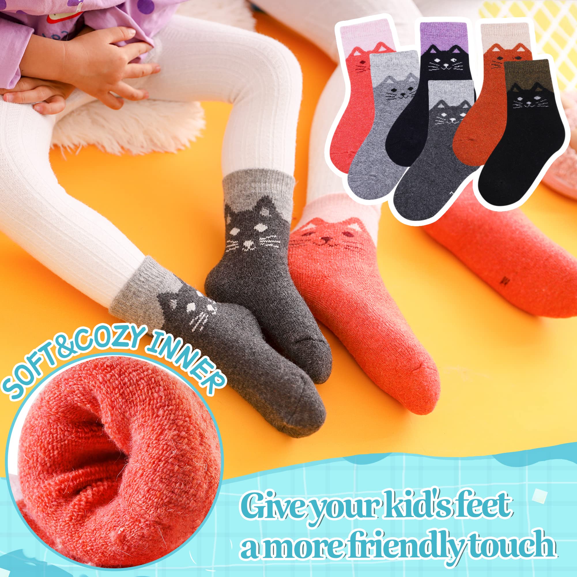 Eocom Kids Wool Socks Winter Warm Wool Hiking Thermal Thick Boot Cozy Crew Socks for Toddlers Boys Girls 6 Pairs