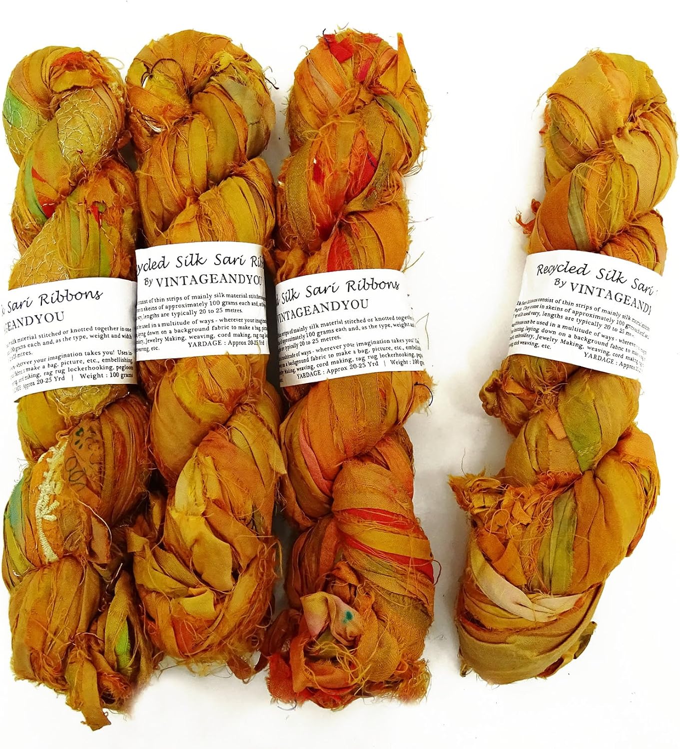 100g Recycled Saree Silk Ribbon for Jewellery Making - Peach Tone Mix, Yellow Mix - Image 4