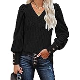 Fayenne Women's Puff Long Sleeve Tops Business Casual Outfits V Neck Shirt Decorative Buttons Knitted Fall Winter Sweaters
