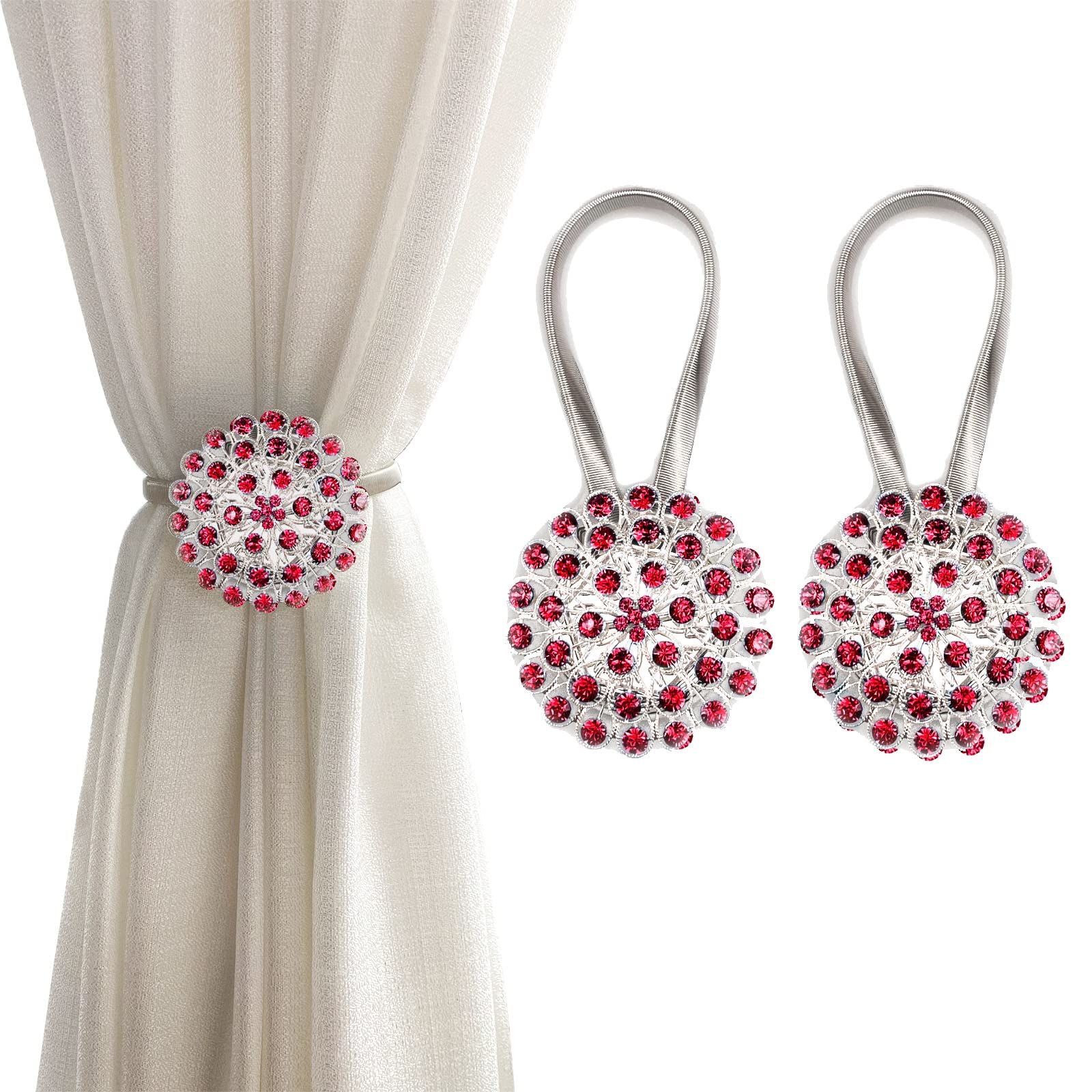 FOZUBOYO Magnetic Tiebacks for Curtains, 2 Pack Sparkling Crystal Flower Curtain Tiebacks Curtain Buckle Clips with High-Elastic Spring Wire for Home Office Decoration (Red)