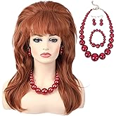 AMZCOS 80s Women Beehive Wig with Large Pearl Necklace Bracelet and Earrings Long Wavy Ginger Bouffant Synthetic Hair Wigs for Married Housewife Big Red Vintage Costume Cosplay Halloween Party