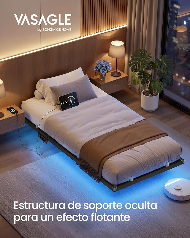 Estrutura da cama 90 x 190 cm, luzes LED, estação de carregamento removível, 2 tomadas AC, 1 porta USB-C, 1 porta USB-A, 1 polegada traseira, suporta até 250 kg, tinta preta RMB171B101
