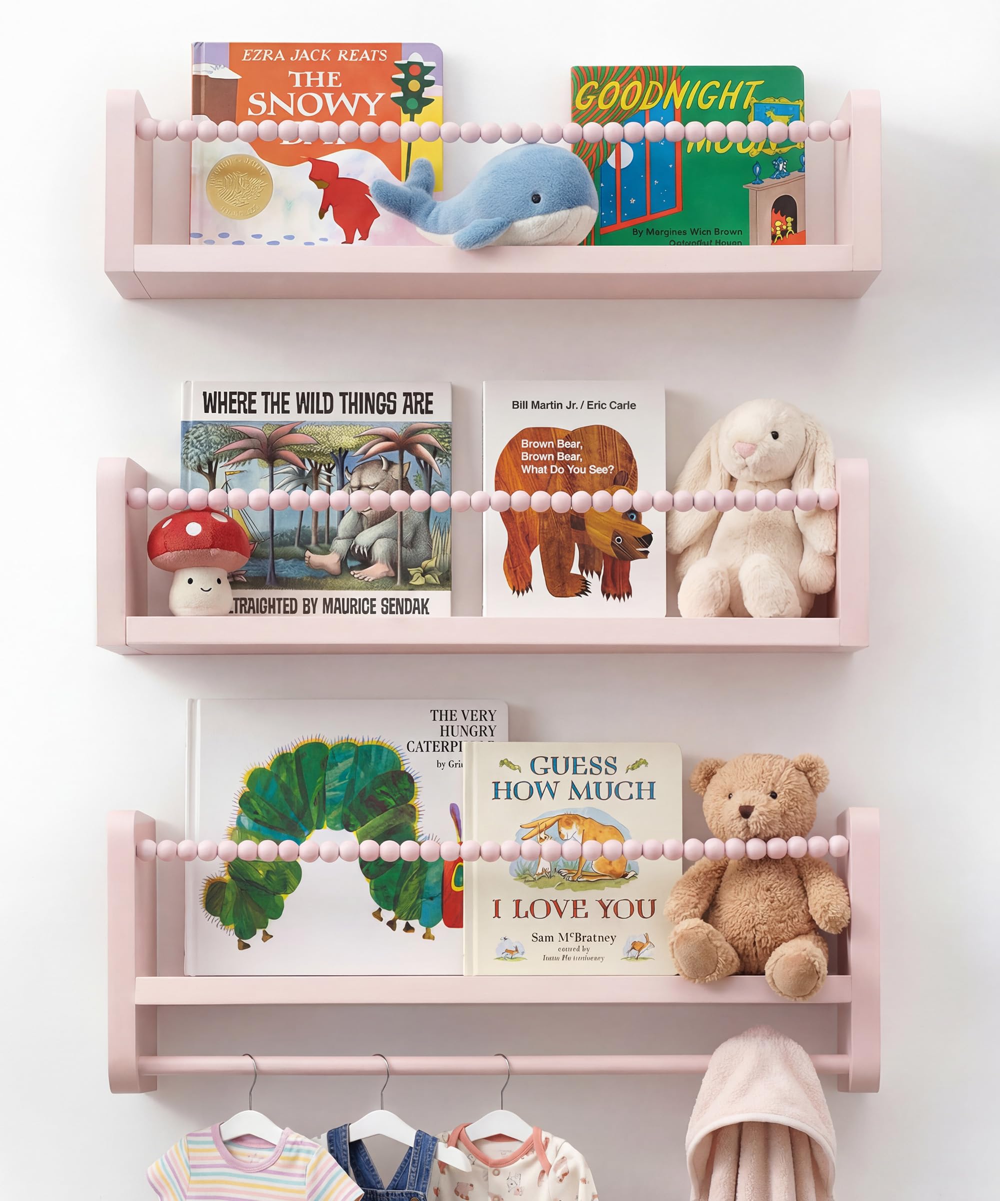 Mazjoaru Pink Nursery Shelves Floating Book Shelf for Wall, Kids Shelves for Bedroom Baby Bookshelf Pink Room Decor, Solid Wood Small Organizer With Wooden Bead Design 40cm Set of 3