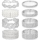 GIFIKOI Rhinestone Stretch Bracelets for Women Shiny Bridal Stackable Bracelet Elastic Multilayer Strand Link Tennis Bracelets Set