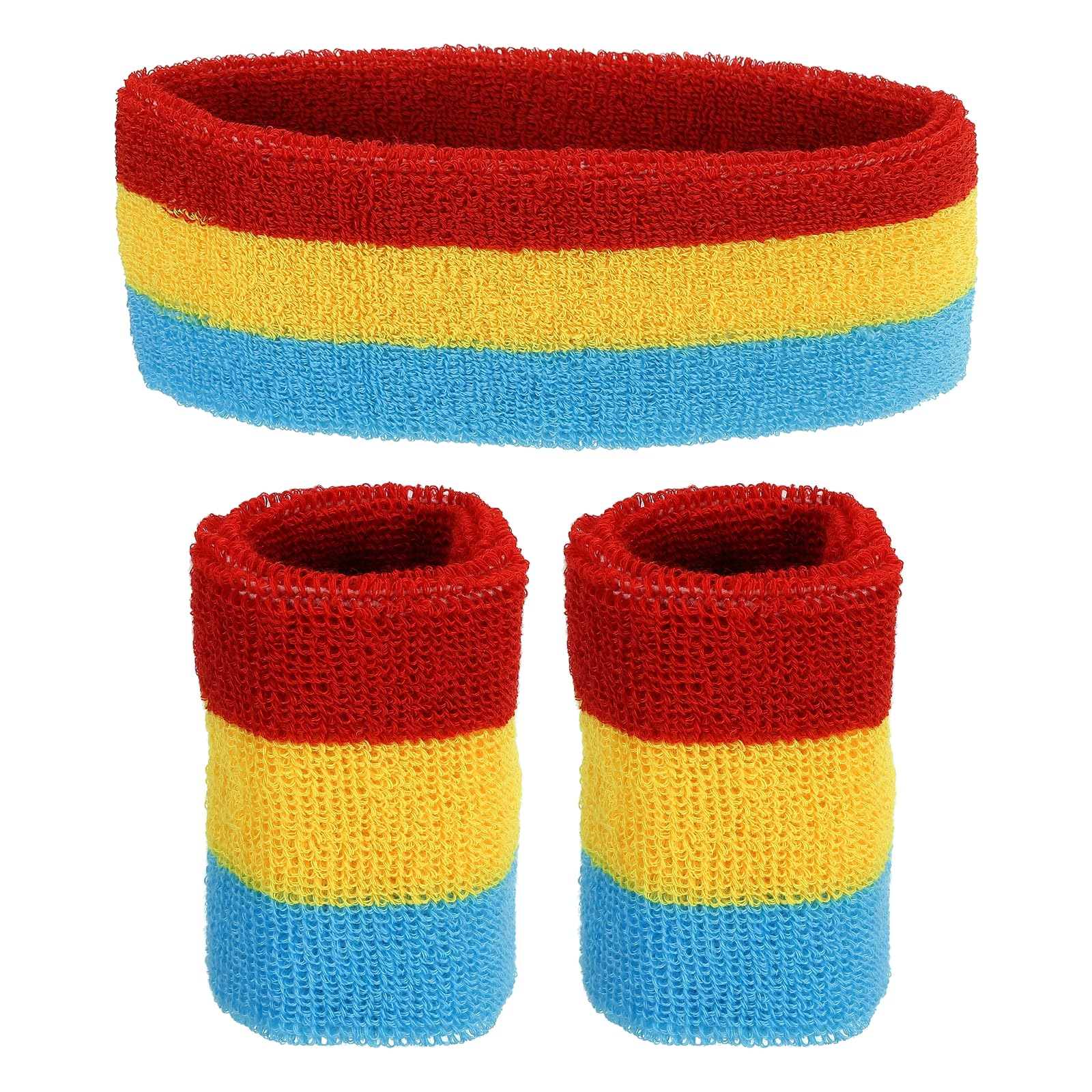 PATIKIL Sport Wristbands Headband Set, 7x8cm Cotton Terry Cloth Athletic Absorbent Sweatband 18x6cm Headband for Tennis Basketball Running, Red Yellow Dark Blue (1 Headband & 2 Wristbands)