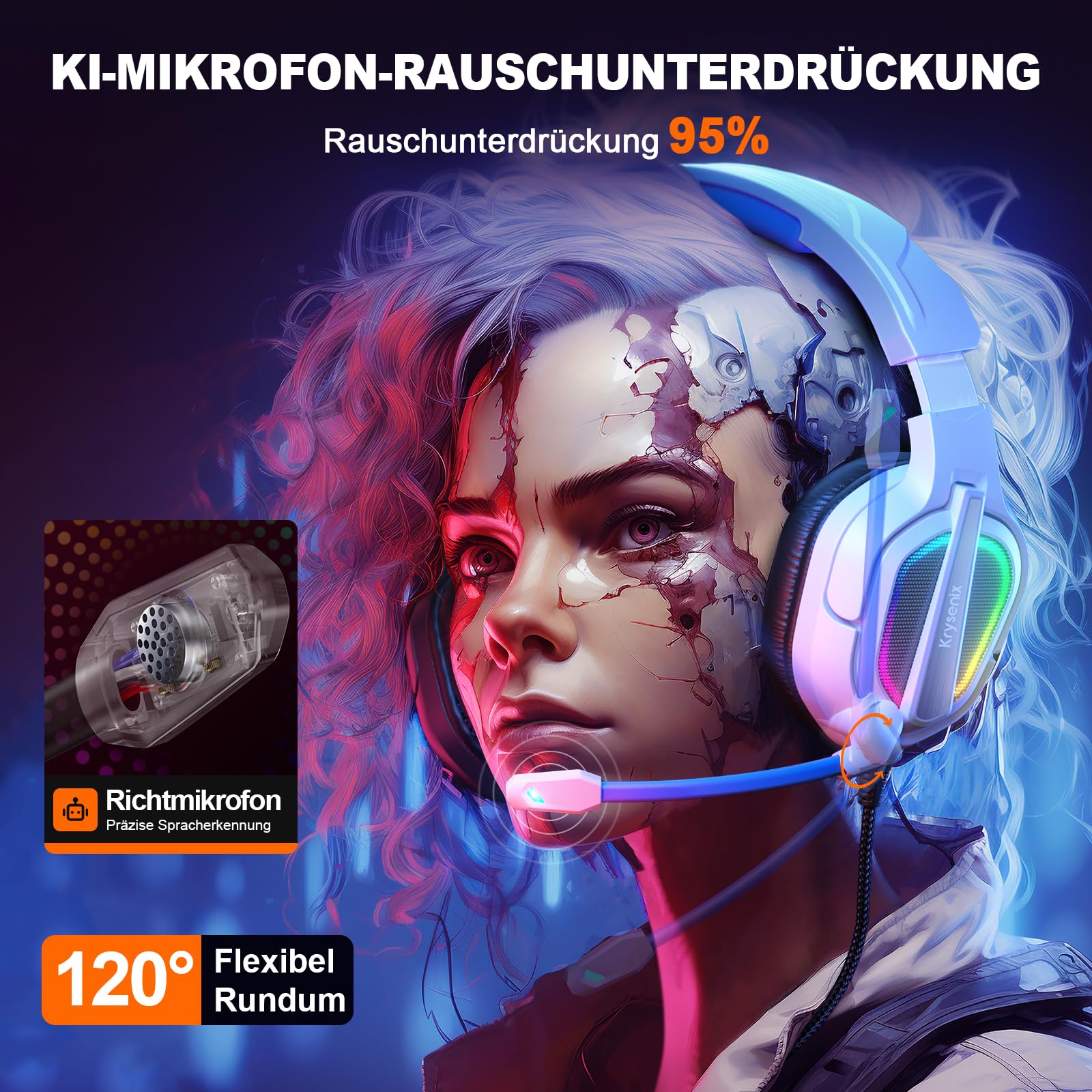 Krysenix PG2 RGB Gaming Headset für PS4, PS5, PC, Xbox,Switch,Ps5 Gaming Headset mit Mikrofon, Over-Ear Kopfhörer,Ps4 Kopfhörer mit 3,5mm Klinke,Hell Blau 3