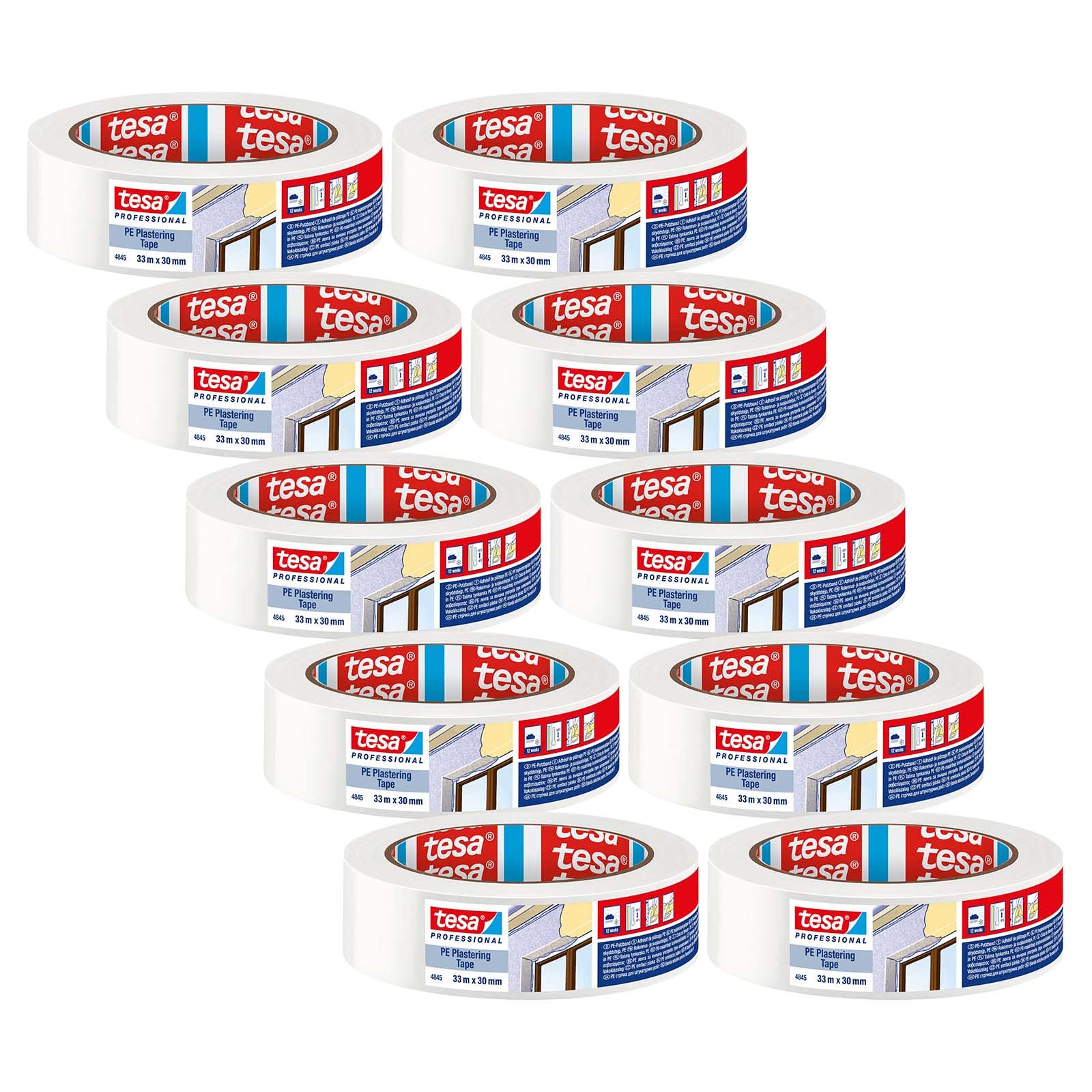tesa PE Cleaning Tape 4845 Masking Tape for Plastering and Painting Work - for Masking and Covering - White - 33 m x 30 mm - Pack of 10