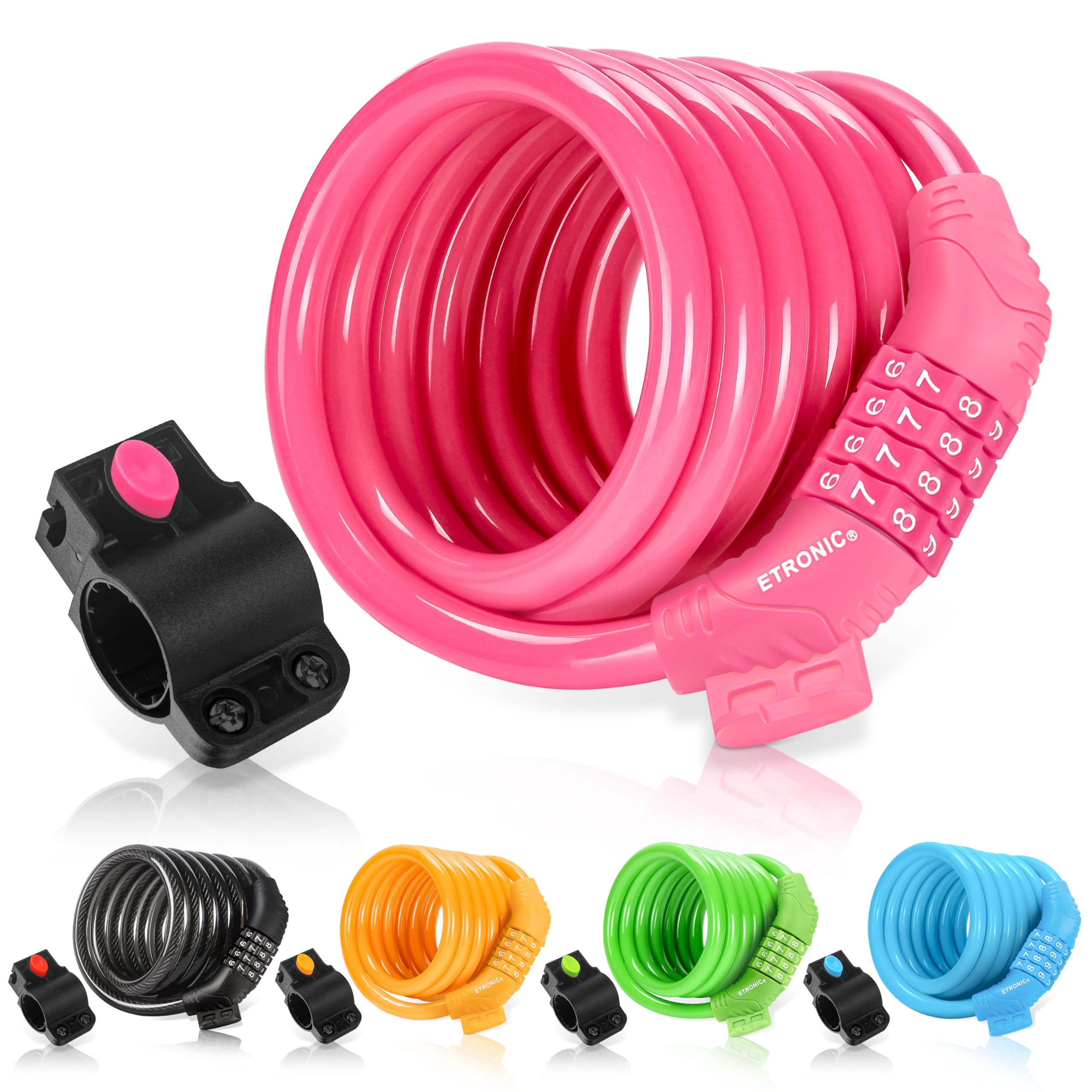 ETRONIC M6 Self Coiling Resettable Combination Bike Cable Lock, 6-Feet X 3/8-Inch, Pink