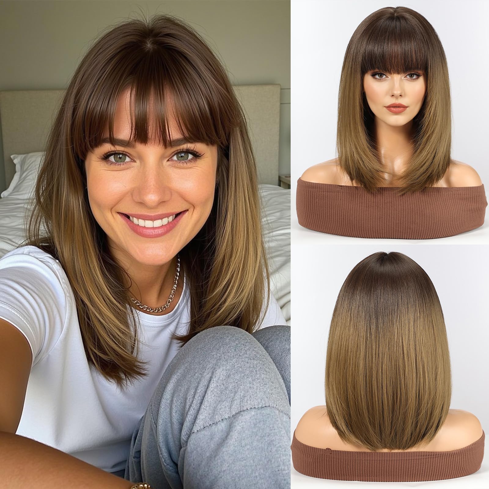 WOKESTAR Staright Wig with Fringe Synthetic Mid-length Layered Wigs for Women Ombre Brown Color