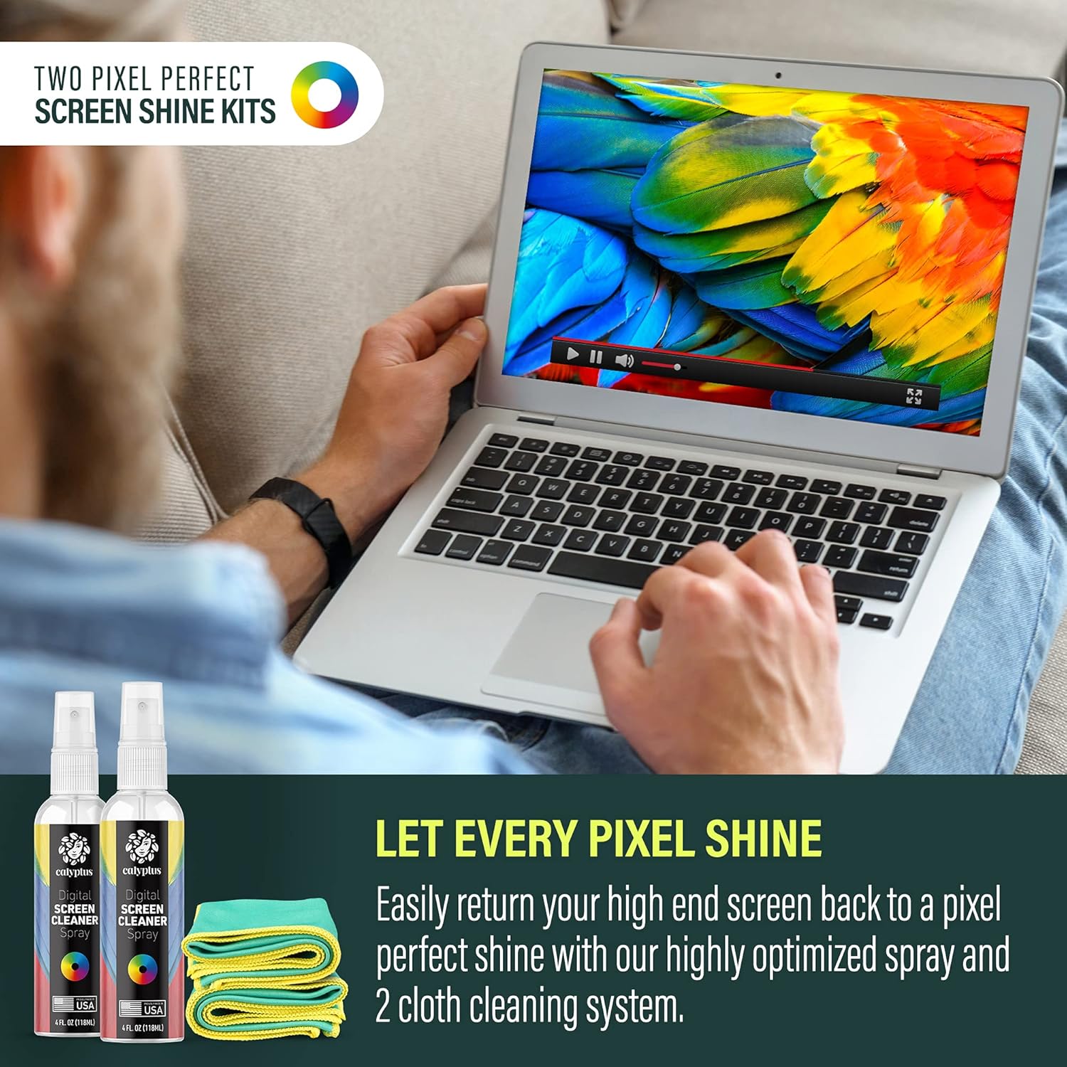 Calyptus Screen Cleaner Kit | Plant Based Power | USA Made | 8 Ounces + 8 Inch Pixel Shining Cloths | Streak Free Spray | Phone, Laptop, Tablet, Computer Screen Cleaning: Health & Personal Care