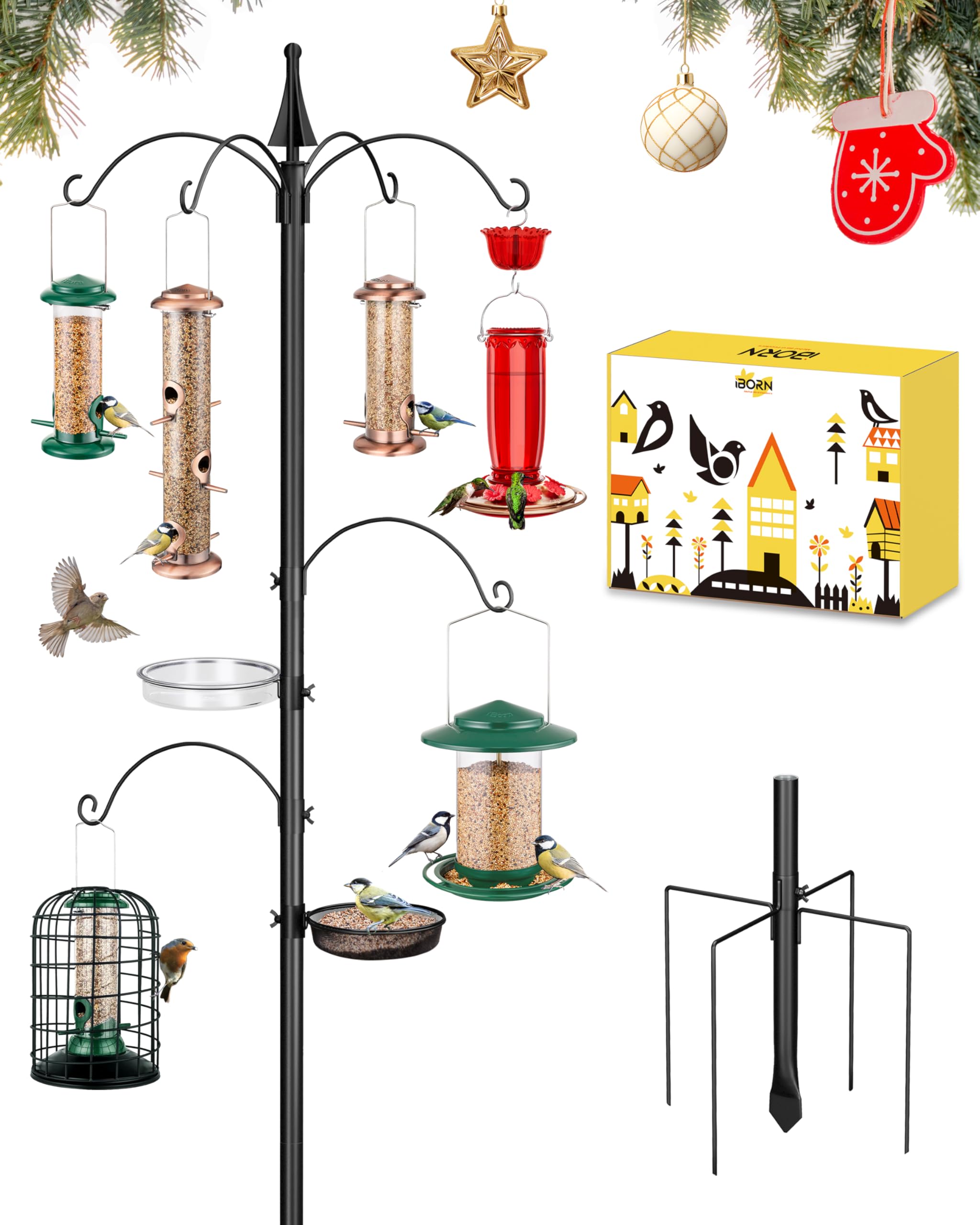iBorn Bird Feeders Hanging Station 87Inch Wild Bird Feeding Station Pole Stand Outdoors Heavy Duty,2 Fixed & 2 Adjustable Hooks & 2 Trays, 5-Prong Pole Stabilizer(Bird Feeders NOT Included)
