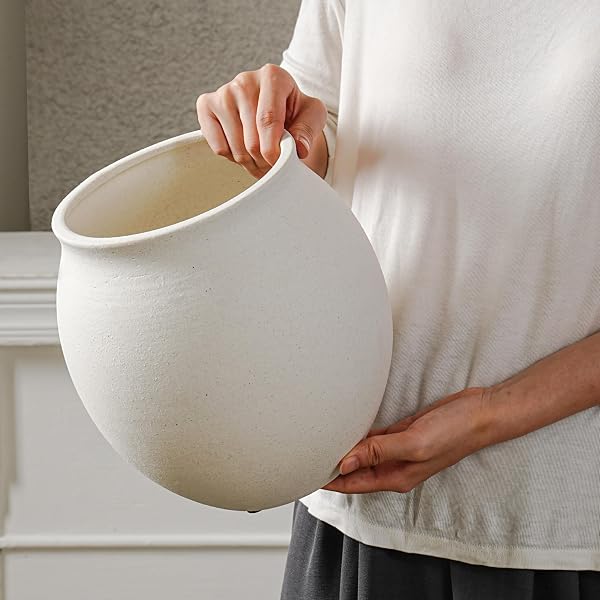 KAYOLIN ROUND WIDE MOUTH WHITE CERAMIC VASE -9.7″ LARGE FLOWER POT WITH DRAINAGE HOLE FOR INDOOR PLANTS, GRAVEL TEXTURED CREAM WHITE VASE & PLANTER FOR HOME DECOR