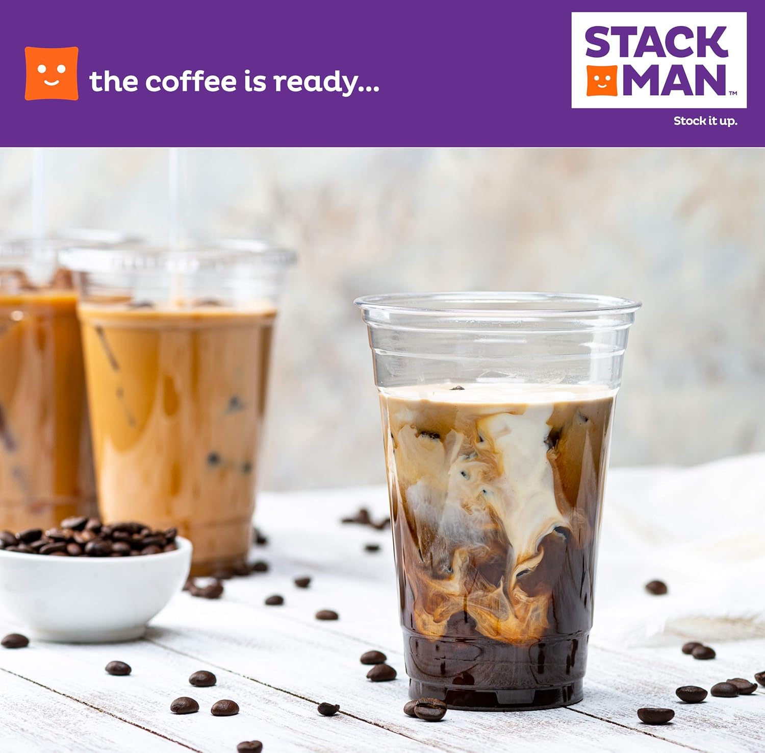 Stack Man [100 Sets - 16 oz.] Clear Plastic Cups with Straw Slot Lid, PET Crystal Clear Disposable 16oz Plastic Cups with lids: Kitchen & Dining