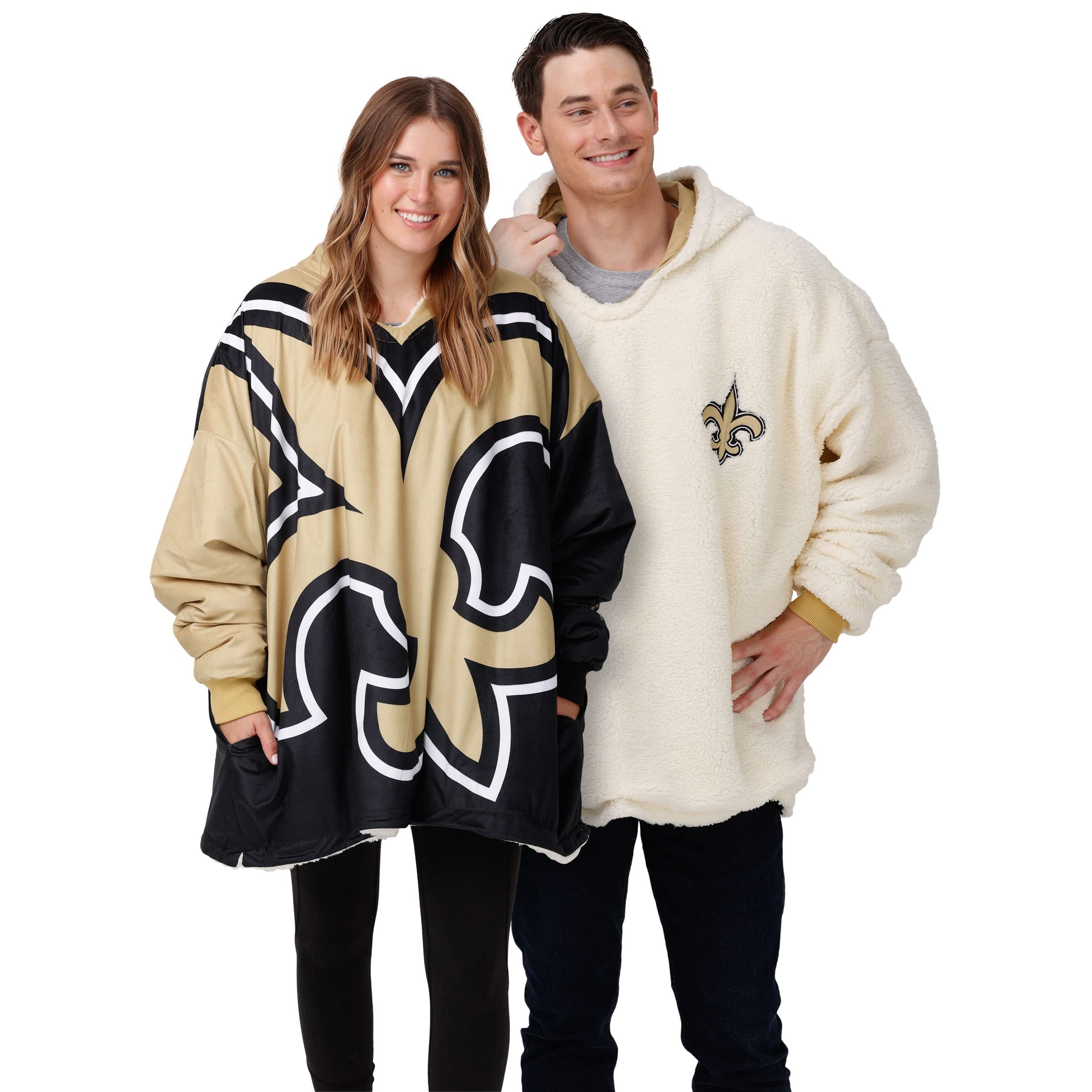 FOCO NFL New Orleans Saints Unisex Reversible Oversized Sherpa Hoodie Sweatshirt Colorblock Hoodeez One Size (HDONFSMURBUSQVC) Image