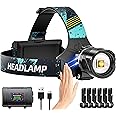 Rechargeable LED Headlamp 990000LM, Brightest Headlight with Motion Sensor, Zoomable, 9 Modes, IPX7 Waterproof, 125° Adjustab