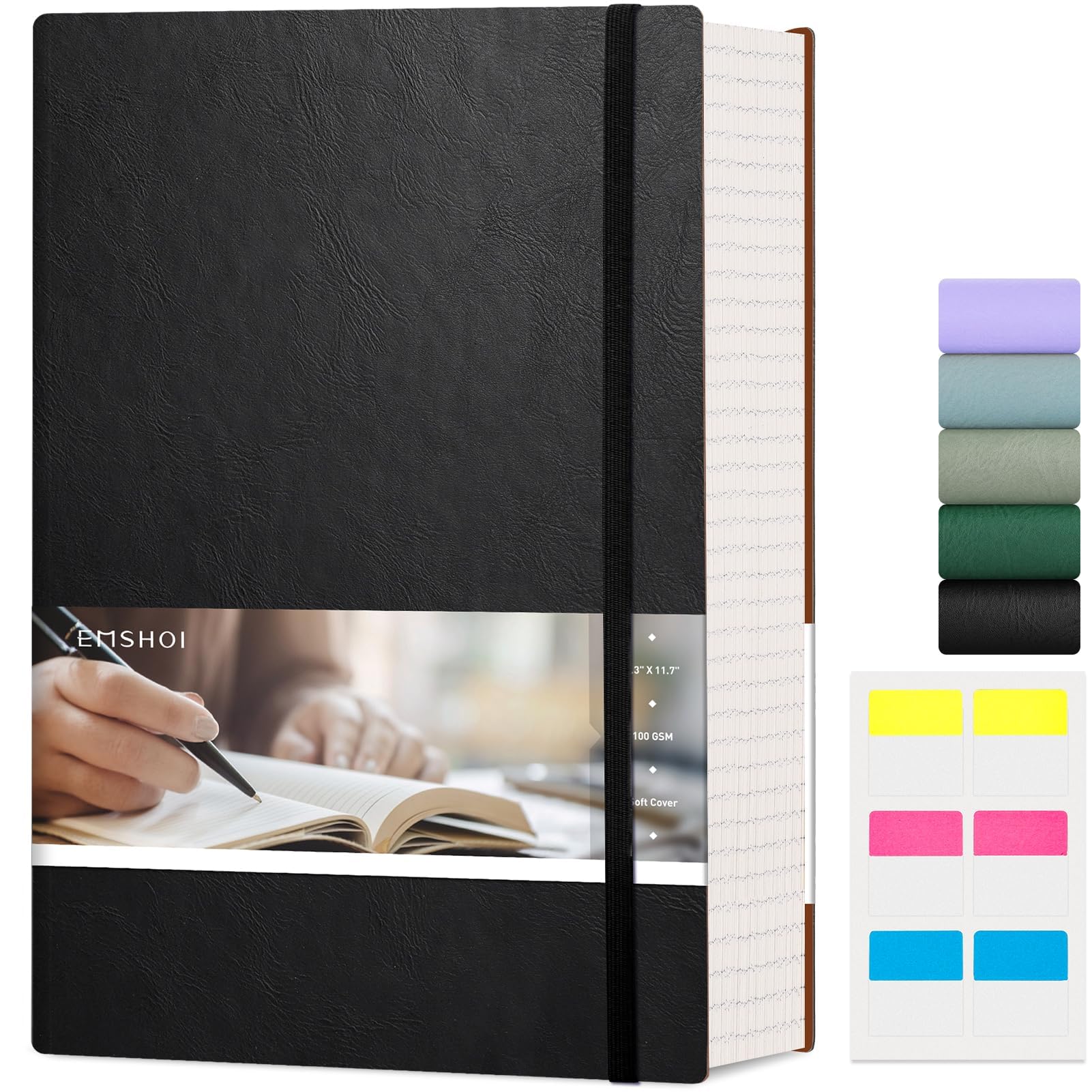 EMSHOI Notebook A4-400 Pages 100GSM Thick Ruled Notepad, Large Lined Journal Vegan Leather Softcover Daily Note Book for Women Men Work School Office Writing, Sticky Notes (21.5 x 27.9cm, Black)