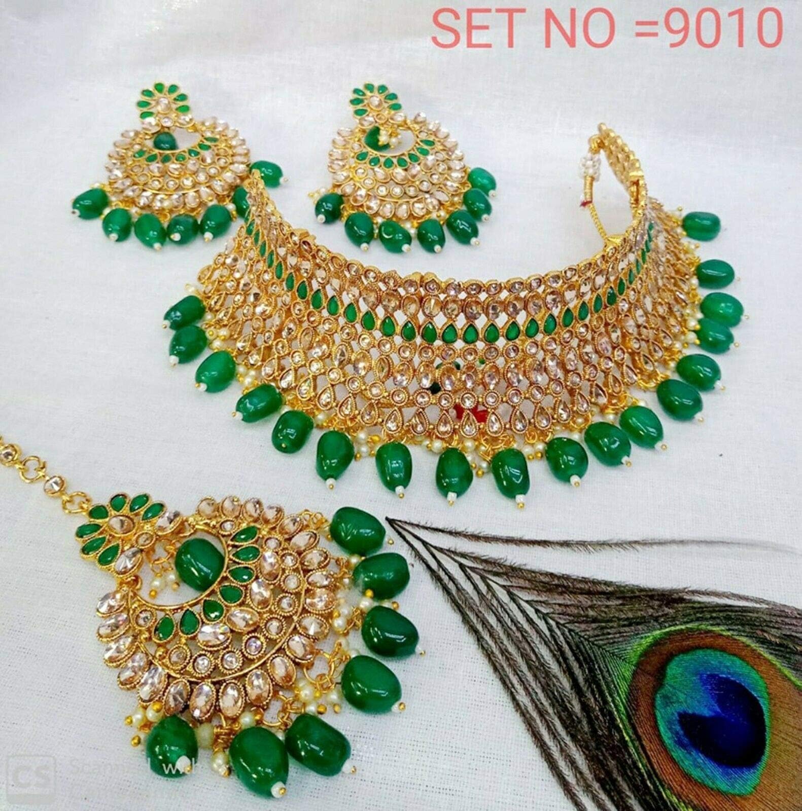 infinityfashions Bollywood Inspired Goldtone Pearl Green Bridal Choker Necklace Earrings Mang Tikka Set for Womens