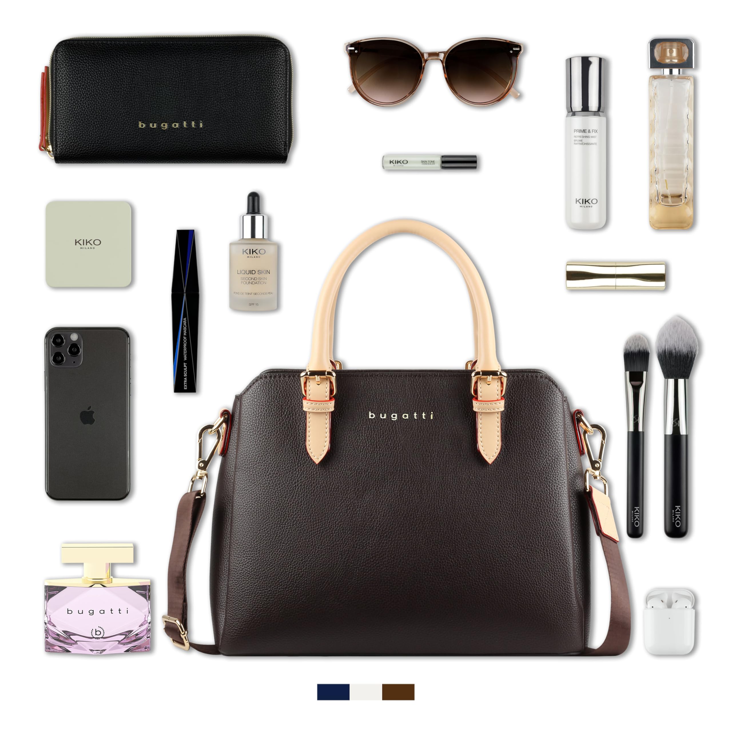 bugatti Ella Handtasche für Damen, Bowling Bag mittelgroß aus Kunstleder, braun