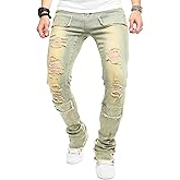 Men's Stacked Jeans Skinny Fit Stretch Jeans Patched Side Striped Straight Leg Denim Male Pants