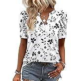Zeagoo Women Blouses Puff Short Sleeve Tops V Neck Dressy Casual Spring Shirts Boho Floral Cute Clothes 2026