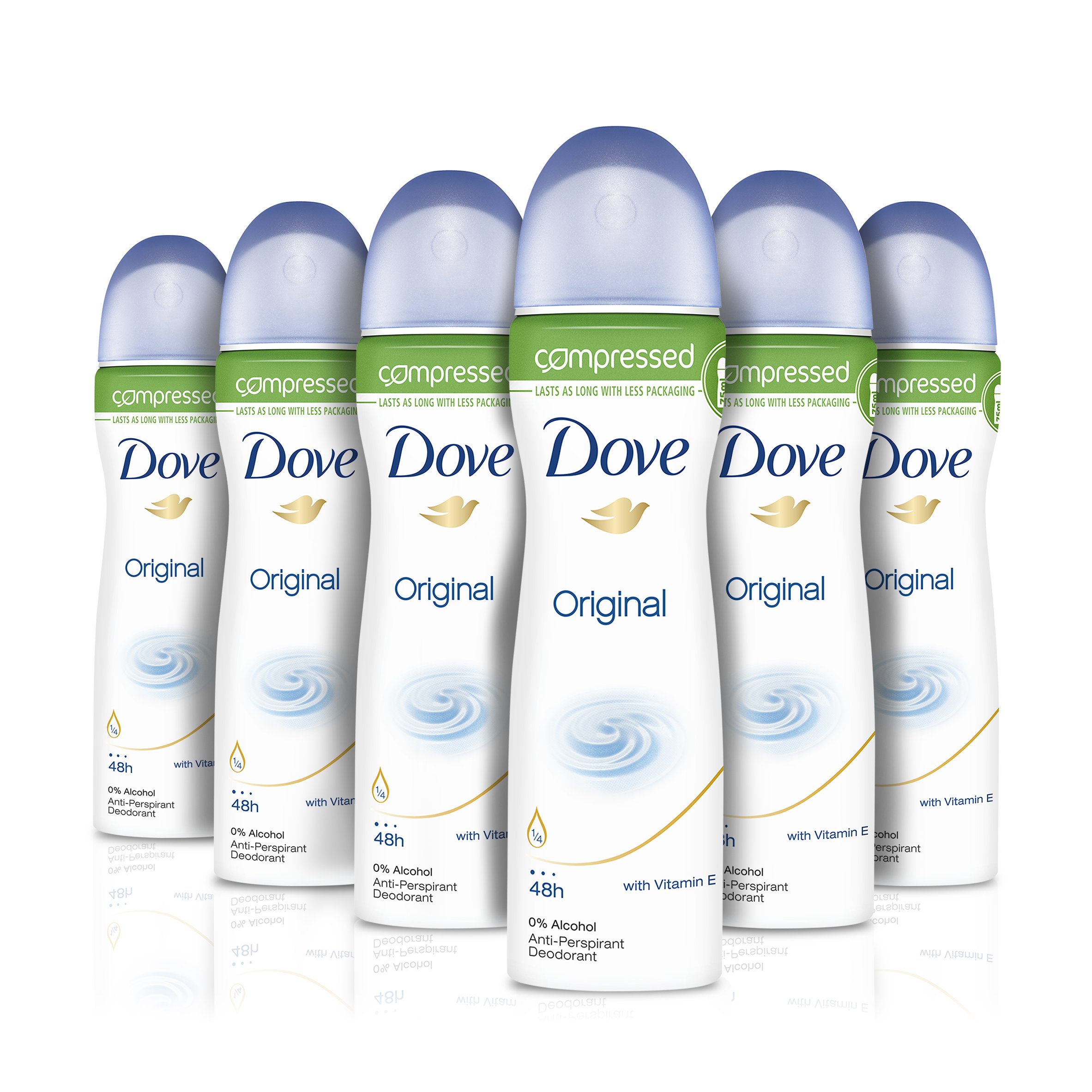 Dove Original with ¼ Moisturising Cream Compressed Anti-perspirant Aerosol Deodorant with a Subtle, Fresh Fragrance 75 ml (6x 75ml)