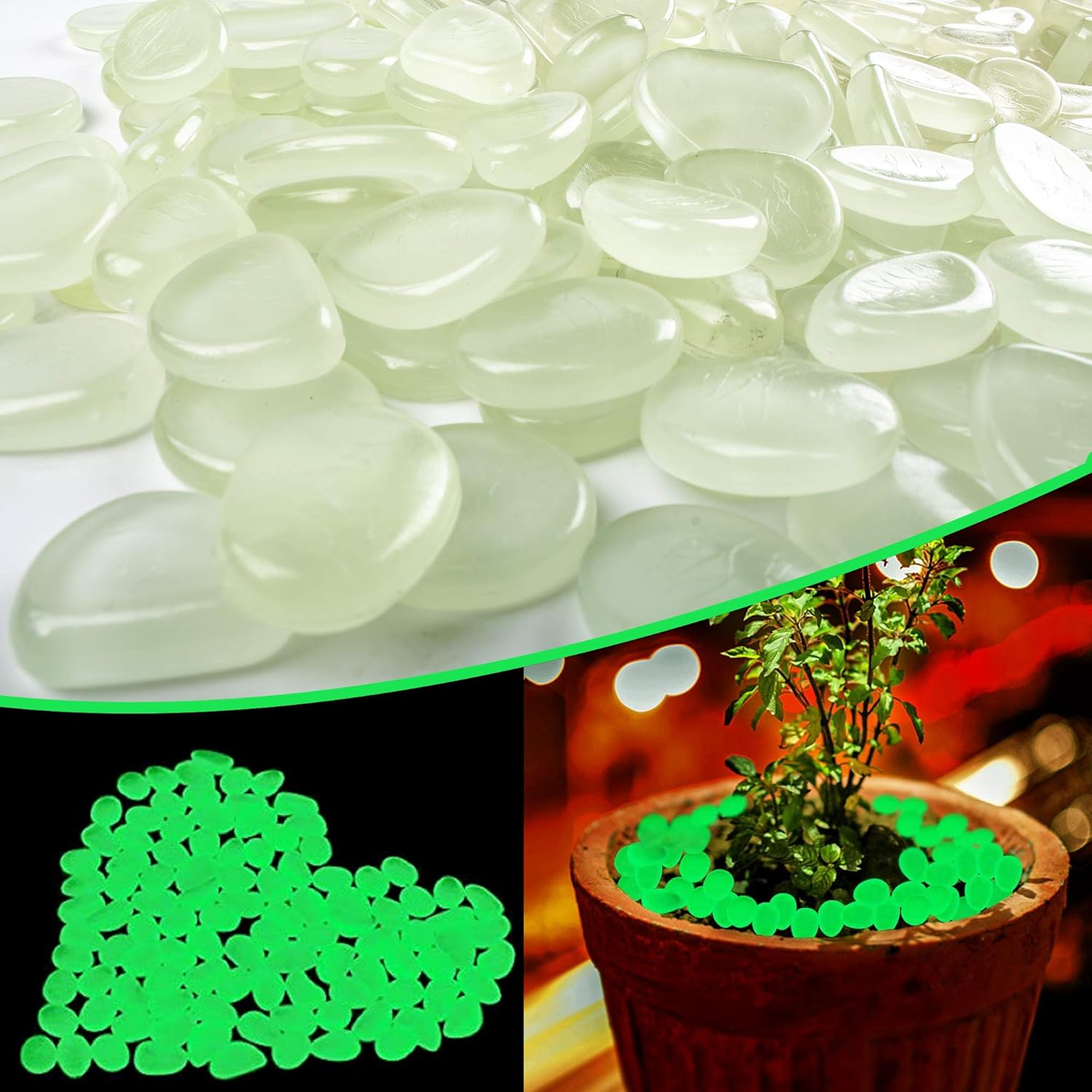 Anothera 1000 pcs Transparent Glowing Green Rocks Glow in The Dark Pebbles Solar Stones Outdoor Garden Lawn Walkway Decorative（Green） : Garden & Outdoor