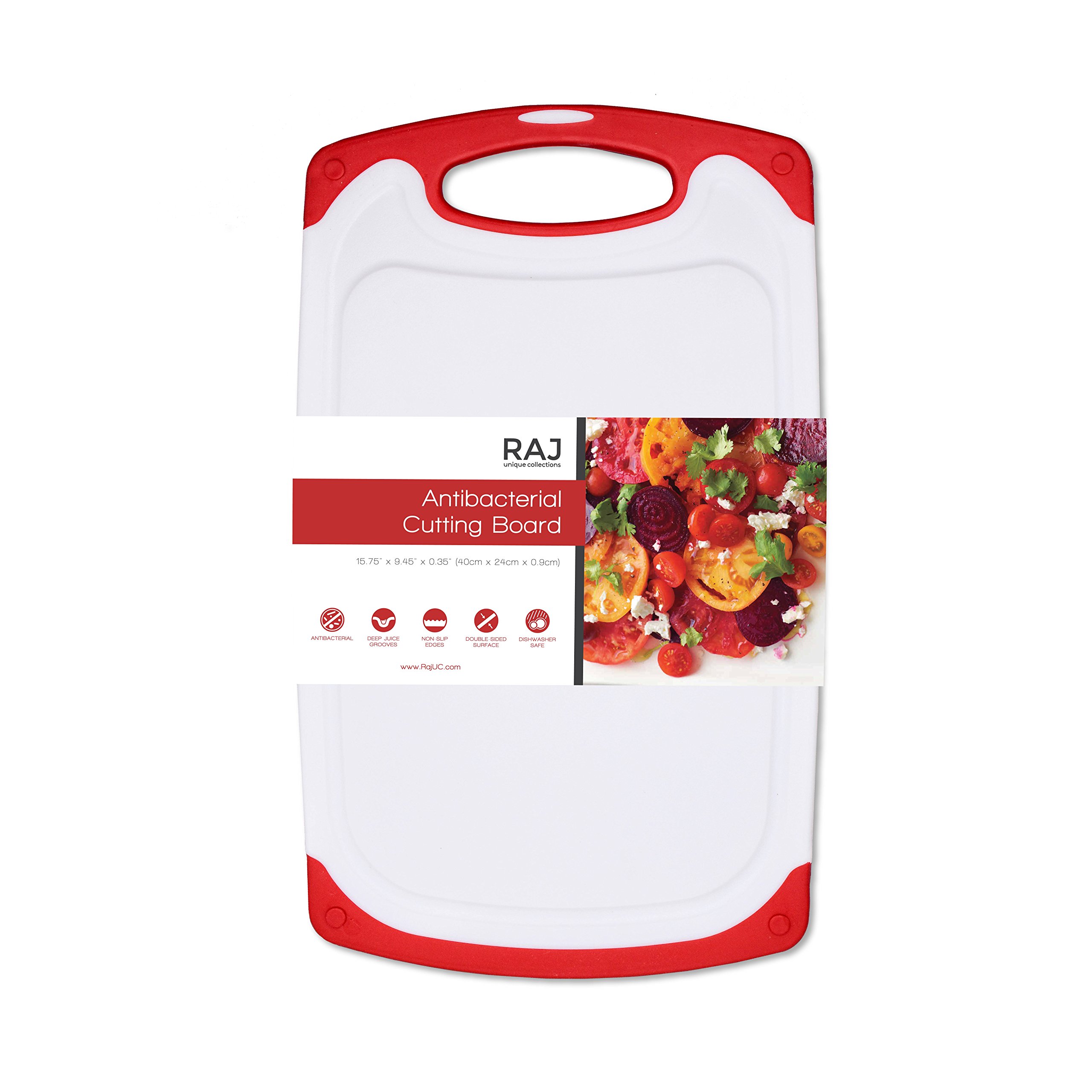 Raj Non-Slip Antibacterial Plastic Cutting Board, Deep Juice Groove, Dishwasher Safe, BPA Free, FDA Approved White and green (1 Piece Large, White board with Red Ends)