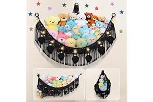 iHansee Stuffed Animal Storage Hammock Corner, 56'' Jumbo Boho Macrame Leaf Hanging Stuff Animal Holder for Teddy Plushie, Black Stuffed Animal Net Toy Storage w/Star Lights for Baby Girl Boy Gift