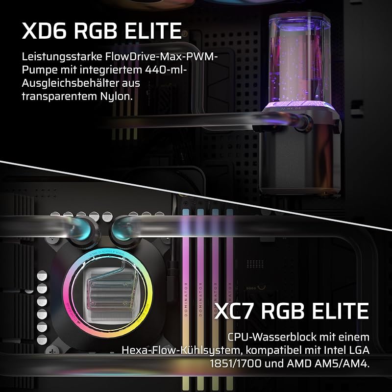 iCUE LINK XH505i RX 360 RGB Individuelles Kühlungs-Kit – XC7 ELITE CPU-Wasserblock, XD6 ELITE-Pumpenreservoir, 3x RX120 RGB-Lüfter, XR5 360-mm-Radiator, iCUE LINK-Systemhub - Schwarz