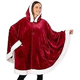 PAVILIA Wearable Blanket for Adult Women, Cozy Plush Fleece Blanket Poncho Cape with Hood, Super Soft Shawl, Angel Wrap Throw for Office, Wine Red