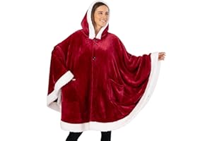 PAVILIA Wearable Blanket for Adult Women, Cozy Plush Fleece Blanket Poncho Cape with Hood, Super Soft Shawl, Angel Wrap Throw for Office, Wine Red