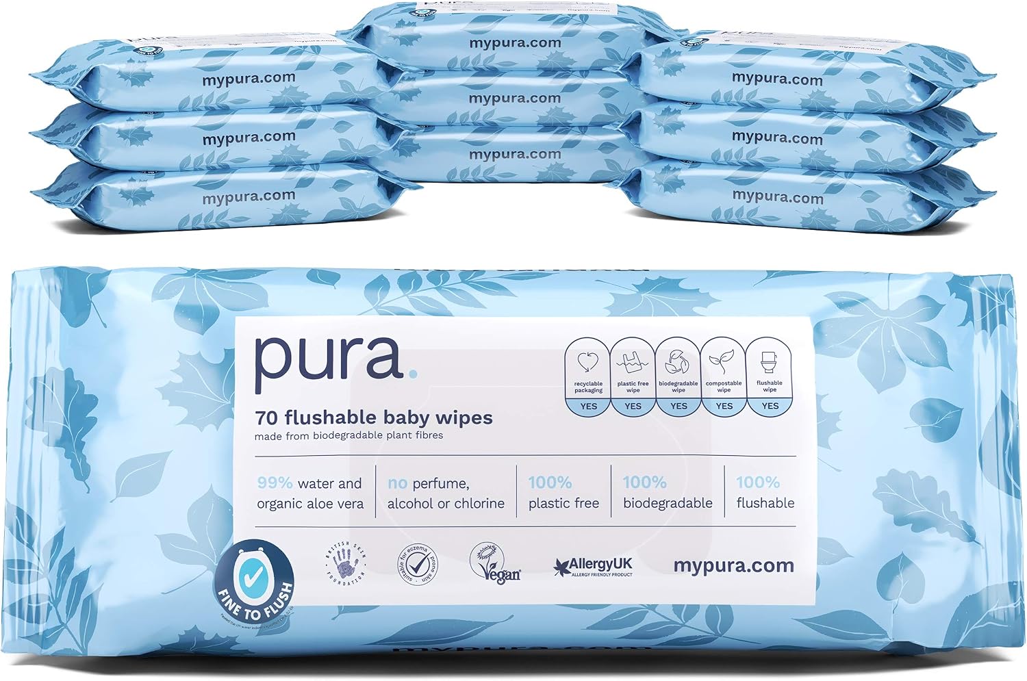 Pura Flushable Baby Wipes 12 x 60 per pack, (720 Water Based Wet Wipes) 100% Plastic Free, 99% Water