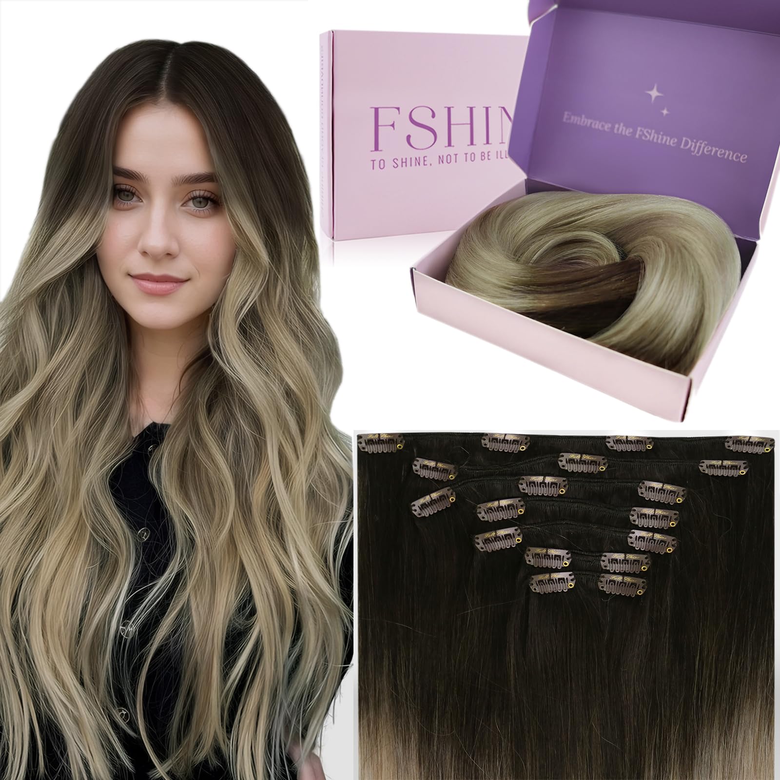 Fshine Human Hair Extensions Clip in 18 Inch Dark Brown to Ash Blonde Mix Platinum Blonde Real Hair Clip in Extensions Double Weft for Women 7Pcs 120g Hair Extensions Clips — image 1