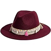 Gossifan Women's Felt Fedora Hat Wide Brim Panama Hats with Tassel